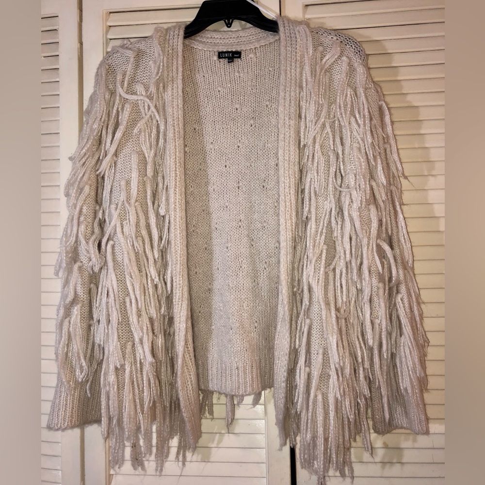 Lunik woman’s cream colored fringe sweater/cardigan size small